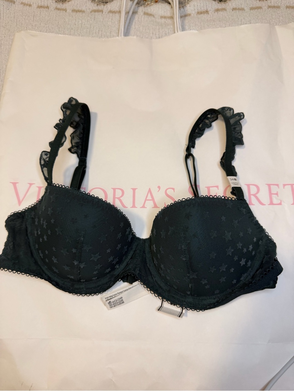 Victoria’s Secret PINK Dark Green Star Mesh Lightly Lined Bra 34B NWT